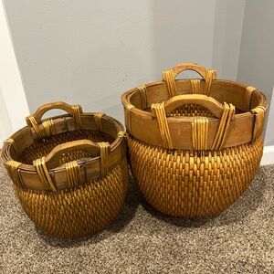 2 Chinese Woven Willow Baskets Wood Handles Vintage Nesting 16” & 13” T storage